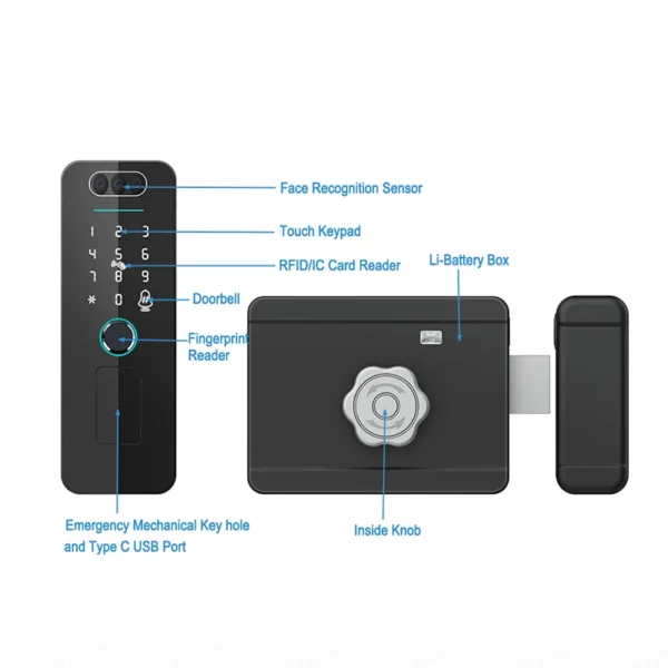 Tuya Wifi 3D Face Recognition Smart Lock Waterproof Fingerprint Digital Code Card Electronic Gate Lock With Rechargeable Battery - Image 2